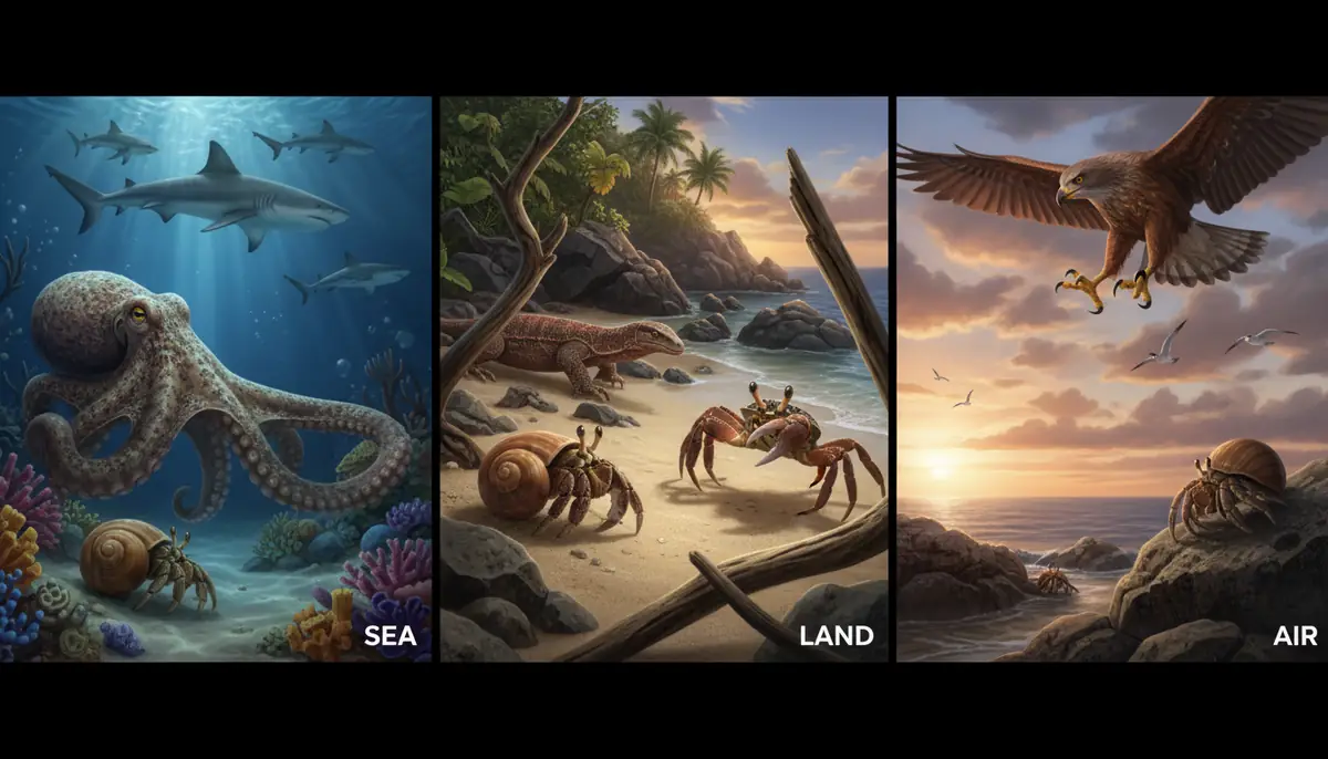 ヤドカリの天敵一覧｜海・陸・空から狙う捕食者たち